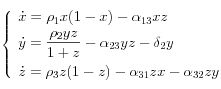 
 \left\{
    \begin{array}{ll}  
      \displaystyle \dot{x}=\rho_{1}x(1-x)-\alpha_{13}xz \\[0.1 cm]
      \displaystyle \dot{y}=\frac{\rho_{2}yz}{1+z}-\alpha_{23}yz
                             -\delta_{2}y \\[0.3 cm]
      \displaystyle \dot{z}=\rho_{3}z(1-z)-\alpha_{31}zx-\alpha_{32}zy 
    \end{array}
